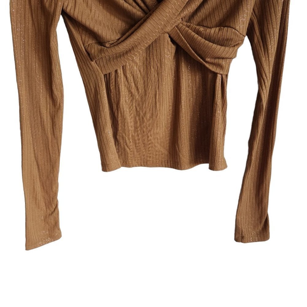 Anthropologie Shirt Small Moss Brown Twist-Front Shimmer Top V Neck Long Sleeve - Picture 3 of 7